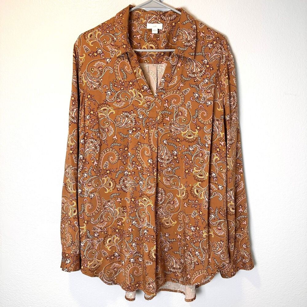 J Jill Women Size (L) Paisley Tunic Top Brown Long Sleeve Viscose